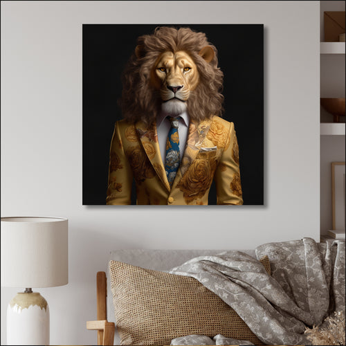 Yellow Lion In Suit - Lion Fashion Canvas Wall Art