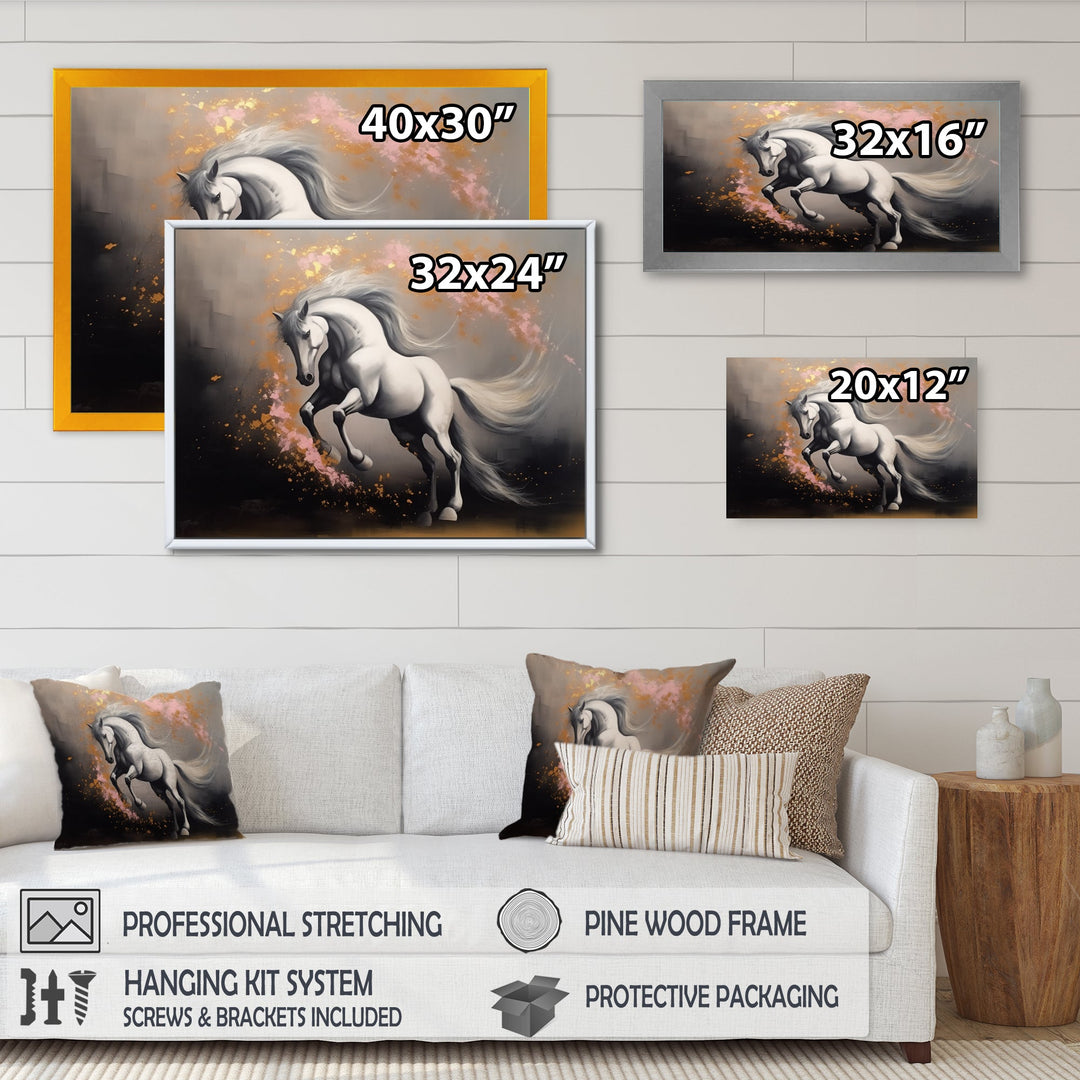 White Pink horse On The Run - Horse Framed Canvas Art