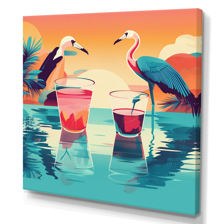 Blue Pink Flamingos In The Sea At Sunset - Flamingo Living Room Wall Art
