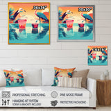 Blue Pink Flamingos In The Sea At Sunset - Flamingo Living Room Wall Art