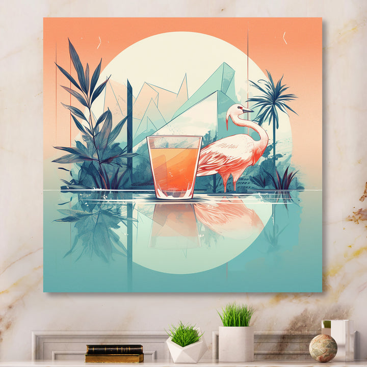Orange Green Flamingo With A Drink - Flamingo Canvas Wall Art
