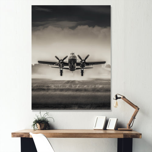 Grey And Airplane Landing - Plane Canvas Wall Art