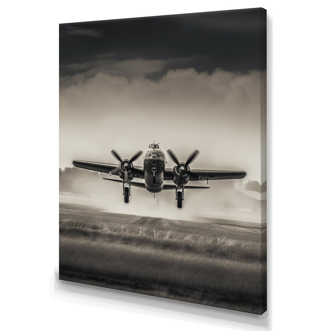 Grey And Airplane Landing - Plane Canvas Wall Art