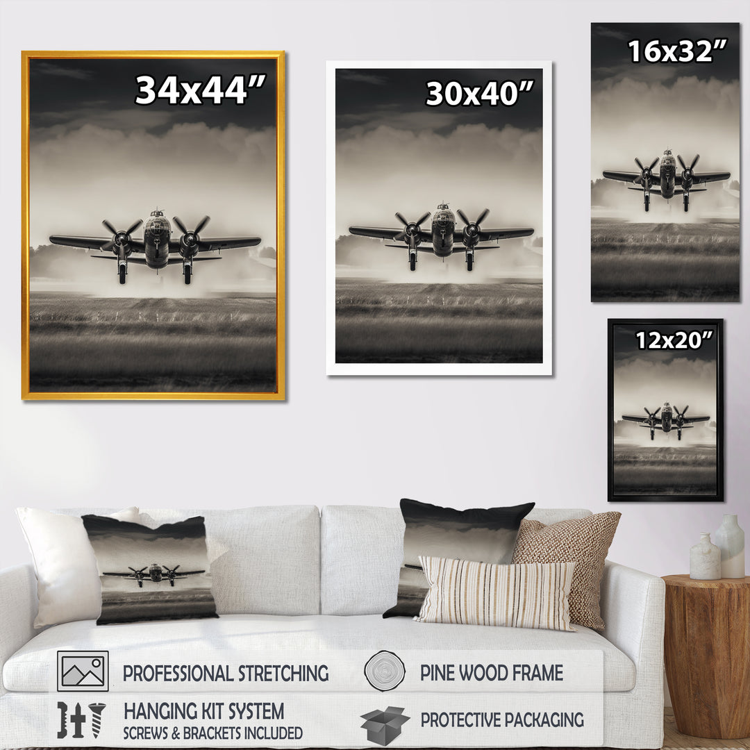 Grey And Airplane Landing - Plane Canvas Wall Art