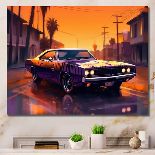 Purple And Yellow Roaring Legends - Cars American Muscle Canvas Wall Art