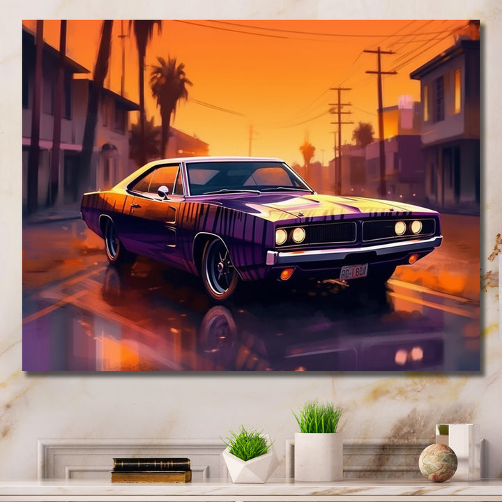 Purple And Yellow Roaring Legends - Cars American Muscle Canvas Wall Art
