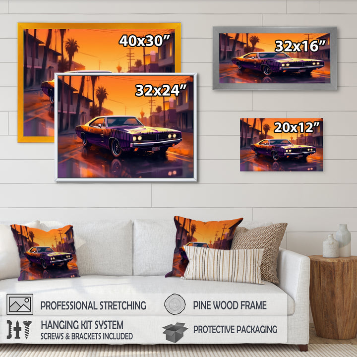 Purple And Yellow Roaring Legends - Cars American Muscle Canvas Wall Art