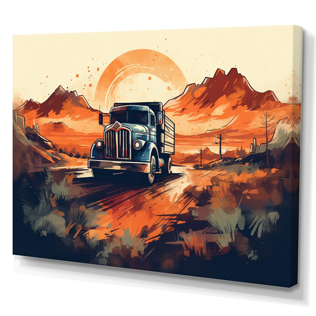 Orange And Blue Dusty Truck 53ft - Truck Trailer Canvas Wall Art