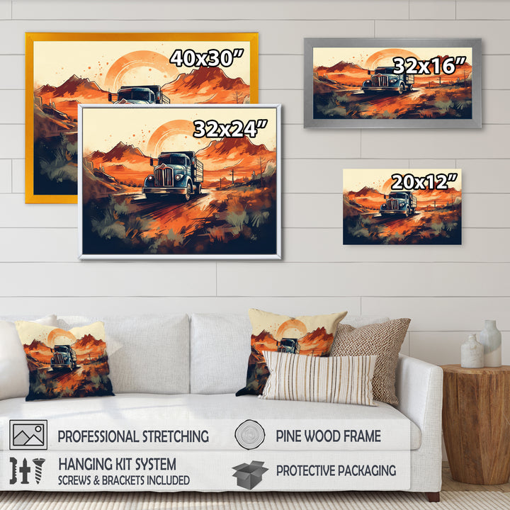 Orange And Blue Dusty Truck 53ft - Truck Trailer Canvas Wall Art