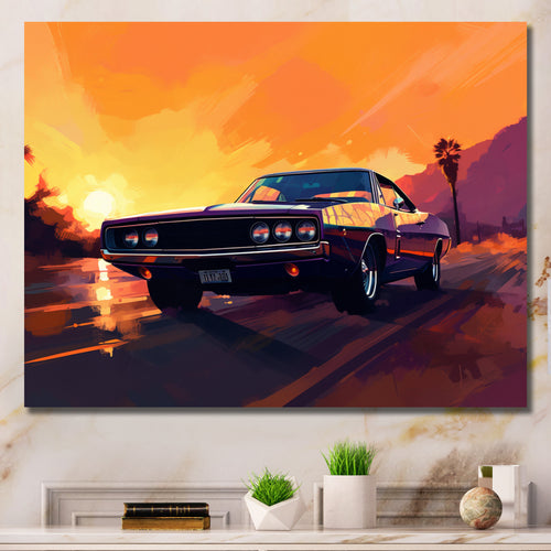 Yellow And Purple Artistic Portrayals Of Muscle Cars - Cars Off-Road Canvas Wall Art