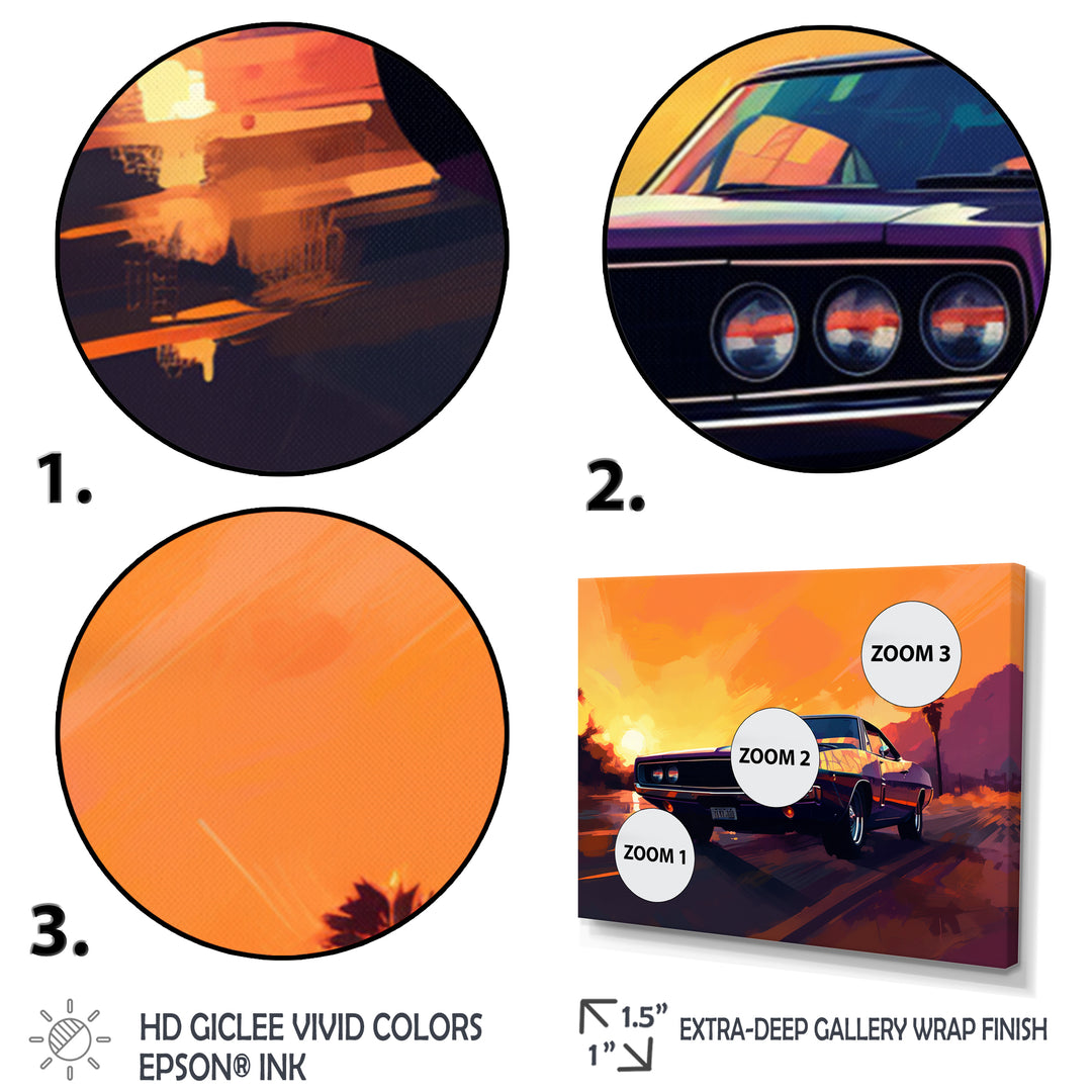 Yellow And Purple Artistic Portrayals Of Muscle Cars - Cars Off-Road Canvas Wall Art