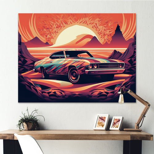 Orange And Purple Artistic Portrayals Of Muscle Cars - Cars Off-Road Canvas Wall Art