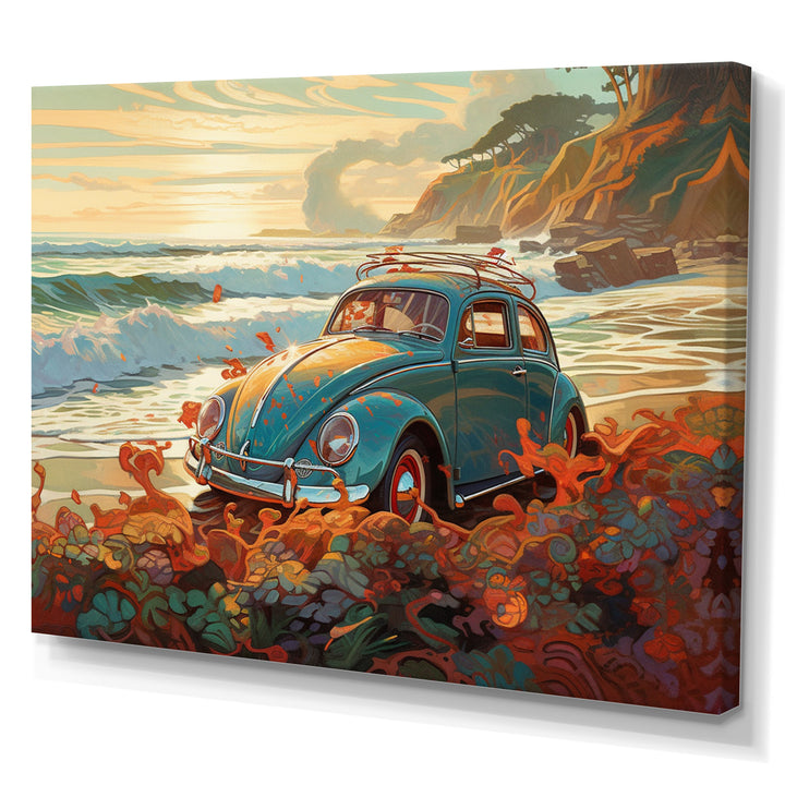 Green And Orange Vintage Charm Of The Beach Bug I - Cars Retro Canvas Wall Art