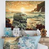Green And Orange Retro Van On The Coastline I - Cars Retro Canvas Wall Art