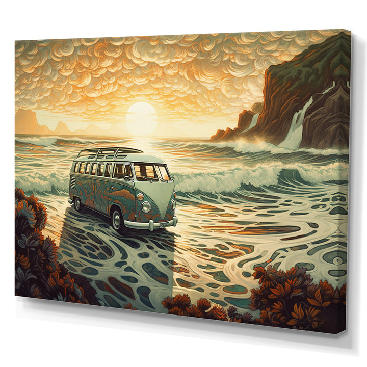 Green And Orange Retro Van On The Coastline I - Cars Retro Canvas Wall Art