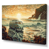 Green And Orange Retro Van On The Coastline I - Cars Retro Canvas Wall Art