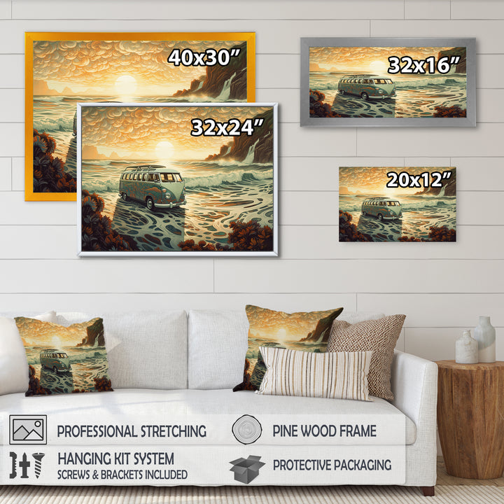 Green And Orange Retro Van On The Coastline I - Cars Retro Canvas Wall Art