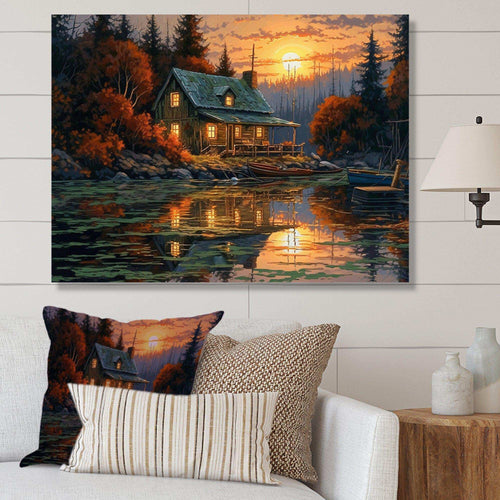 Autumn Sunset Cottage I - Landscapes Canvas Wall Art