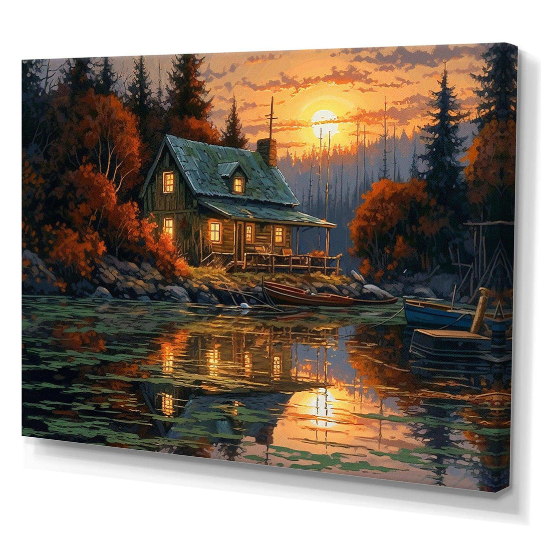 Autumn Sunset Cottage I - Landscapes Canvas Wall Art