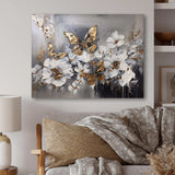 Golden White Butterfly Wings And Flowers I - Floral Canvas Wall Art