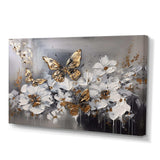 Golden White Butterfly Wings And Flowers I - Floral Canvas Wall Art