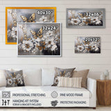 Golden White Butterfly Wings And Flowers I - Floral Canvas Wall Art