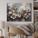 Golden White Butterfly Wings And Flowers III - Floral Canvas Wall Art