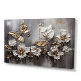 Golden White Butterfly Wings And Flowers III - Floral Canvas Wall Art