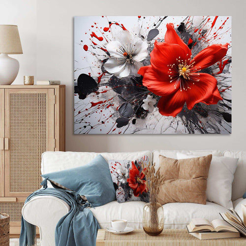 Red Grey Botanical Symphony I - Abstract Canvas Wall Art