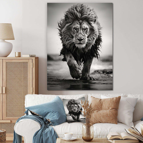 Black And White Lion Running In Africa - Animals Canvas Wall Art