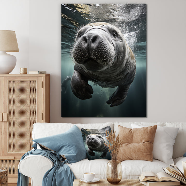 Grey Teal Animal Manatee - Manatee Wall Art Prints