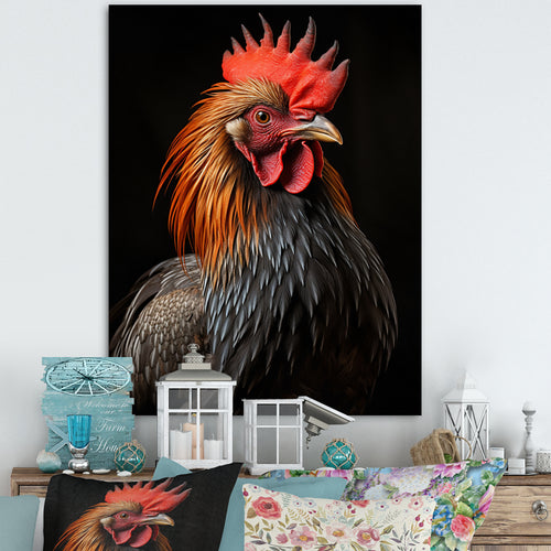 Black Rooster Portrait - Rooster Large Canvas Wall Art