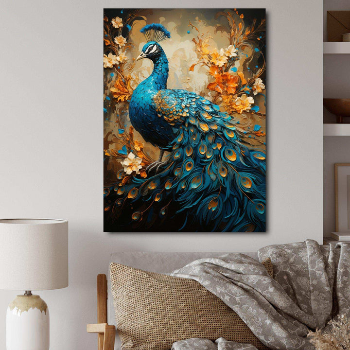 Teal Gold Emerald Peacock Drips - Animals Canvas Wall Art