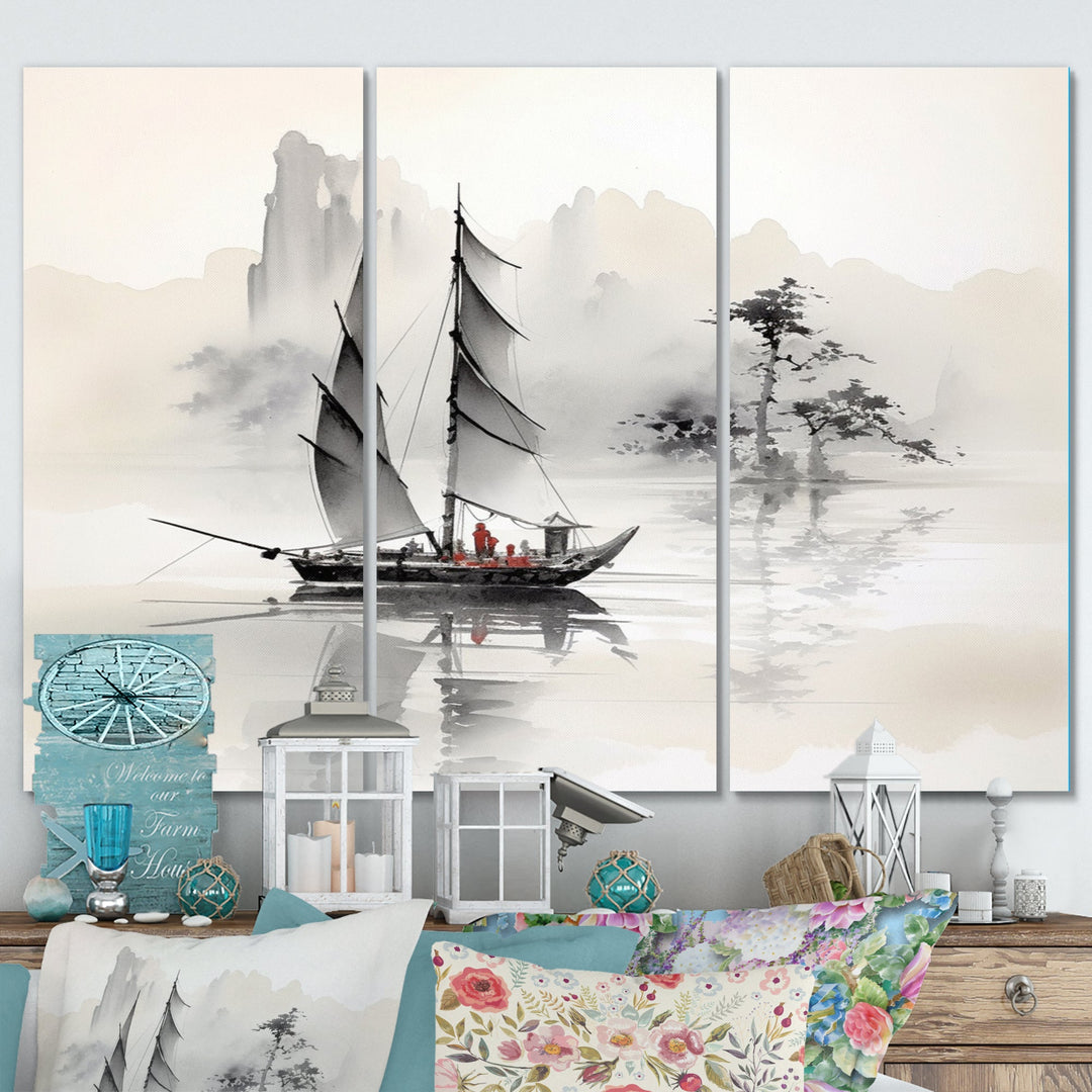 Asian Art Sailboat Sumi III - Multi-Panel Canvas Prints