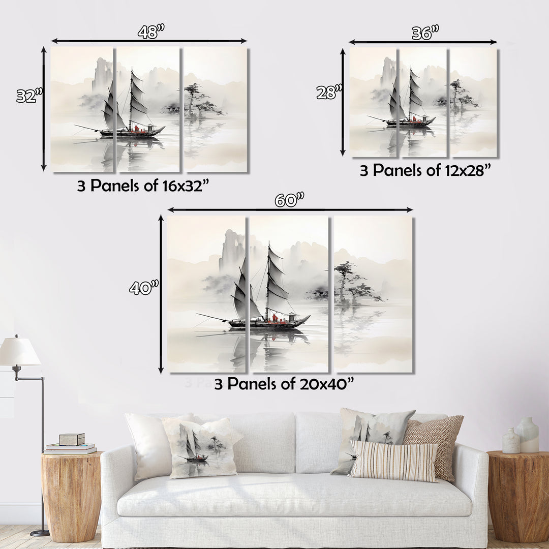 Asian Art Sailboat Sumi III - Multi-Panel Canvas Prints