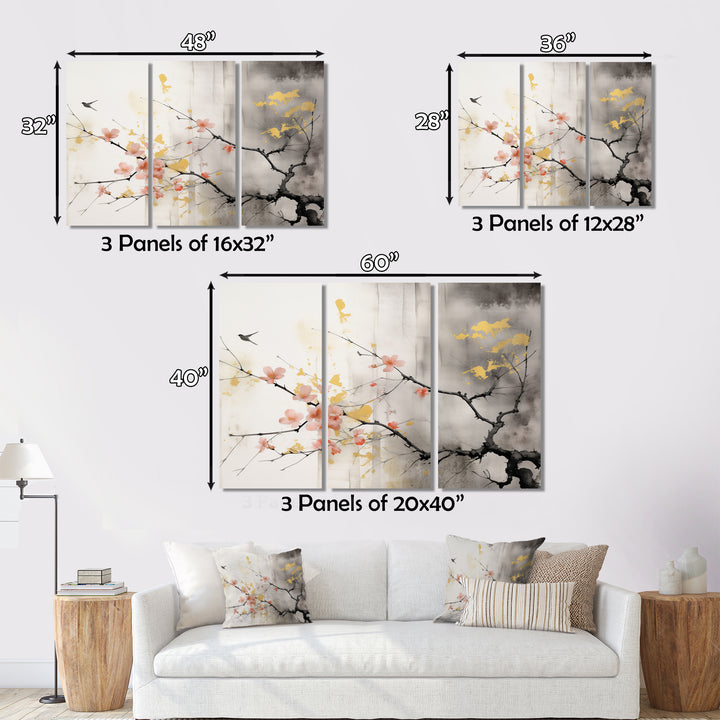 Asian Art Sumi Blossom I - 3-Piece Canvas Wall Art