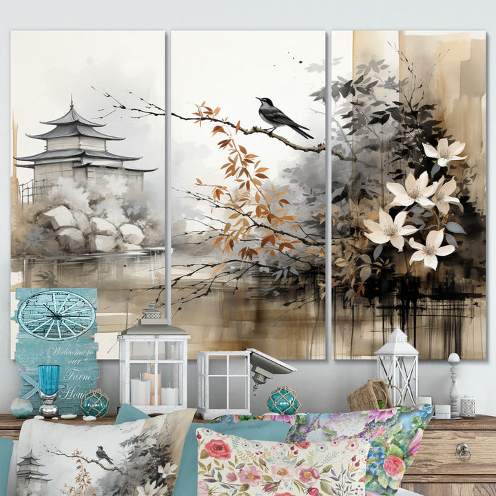 Asian Art Sumi Bird Serenity I - 3-Piece Canvas Wall Art