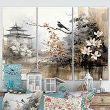 Asian Art Sumi Bird Serenity I - 3-Piece Canvas Wall Art