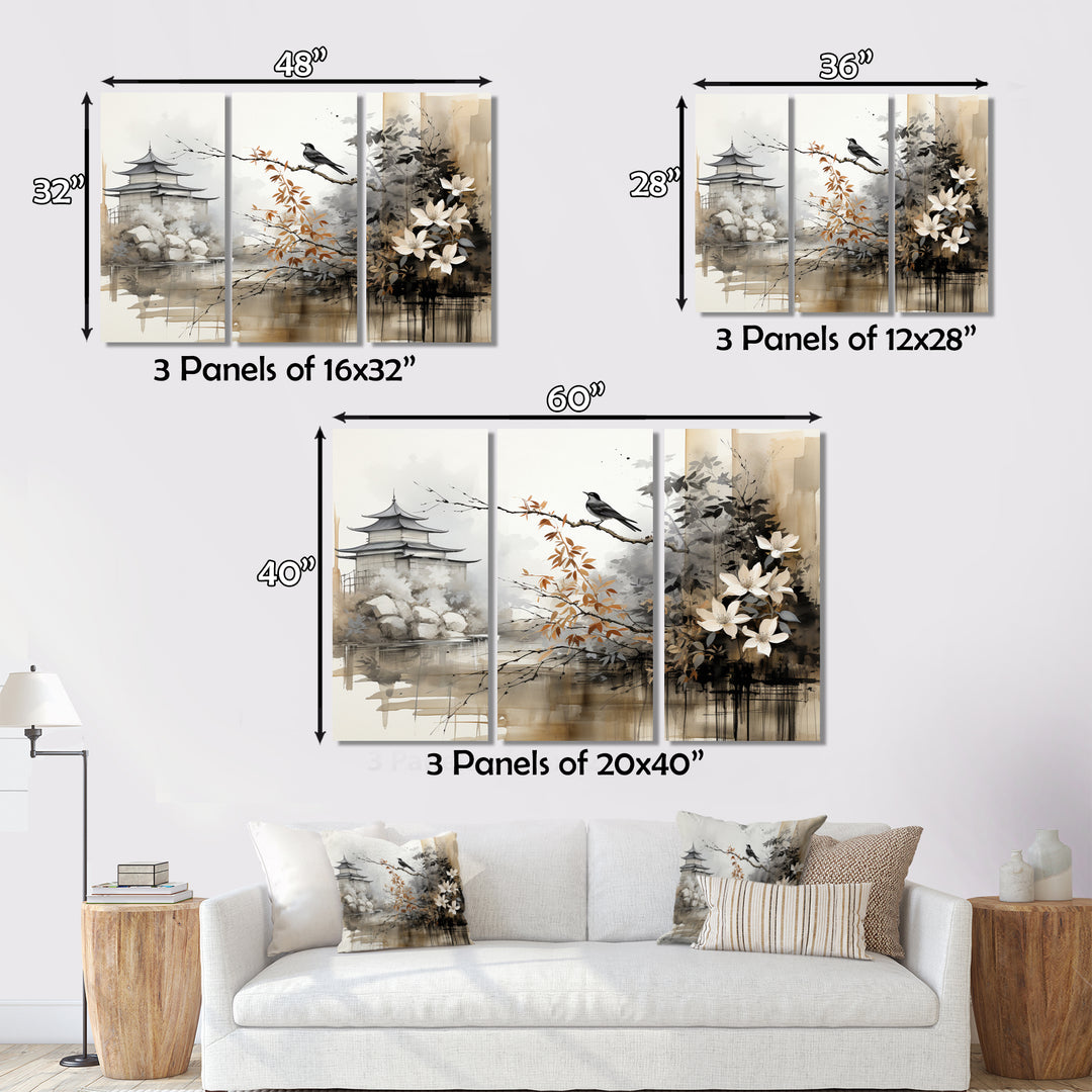 Asian Art Sumi Bird Serenity I - 3-Piece Canvas Wall Art