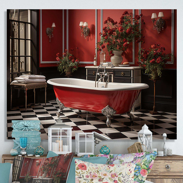 Red Modern Bathroom Charm IV - Humor Canvas Wall Art