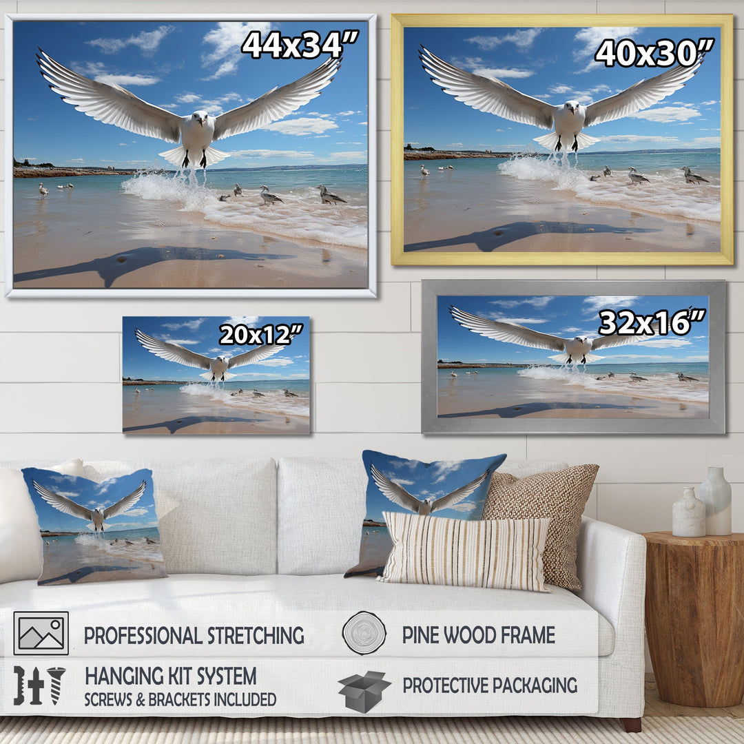 Blue Seagulls In Flight At Beach - Seagull Living Room Wall Art