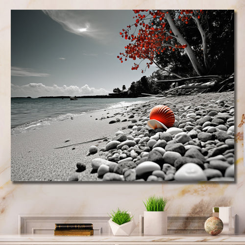 Grey Red Beach Seashell Symphony - Seashell Canvas Wall Art