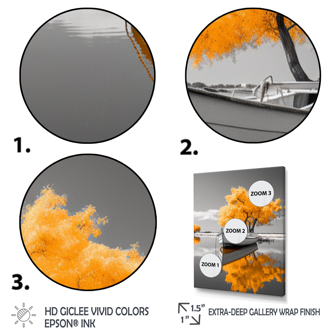 Monochrome Yellow Boat Reflections I - Boat Canvas Wall Art
