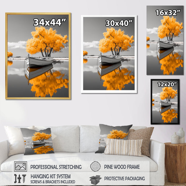 Monochrome Yellow Boat Reflections I - Boat Canvas Wall Art