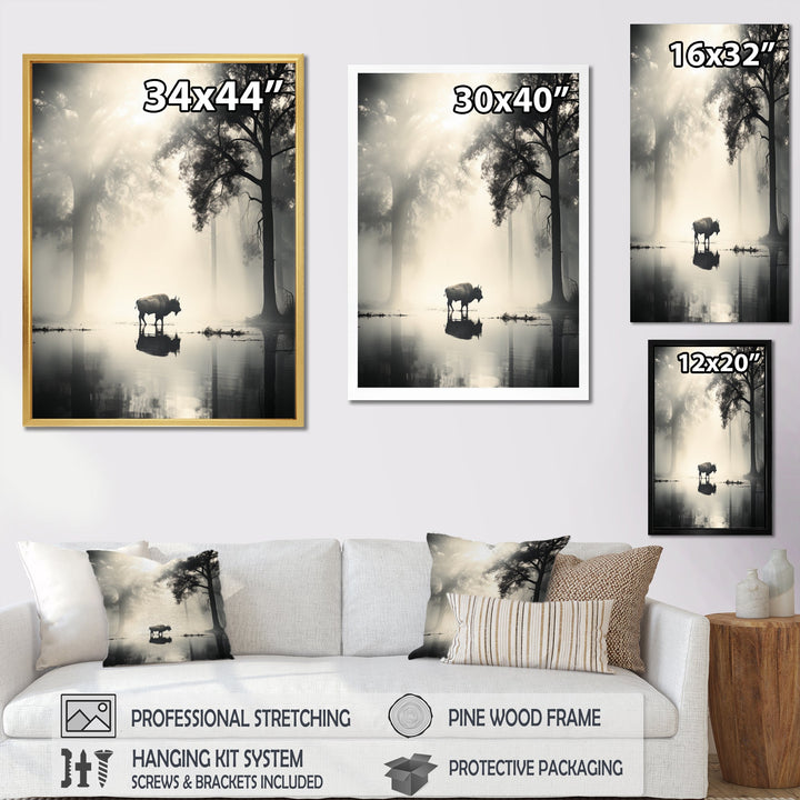 Grey Buffalo Ethereal Grazing - Buffalo Canvas Wall Art