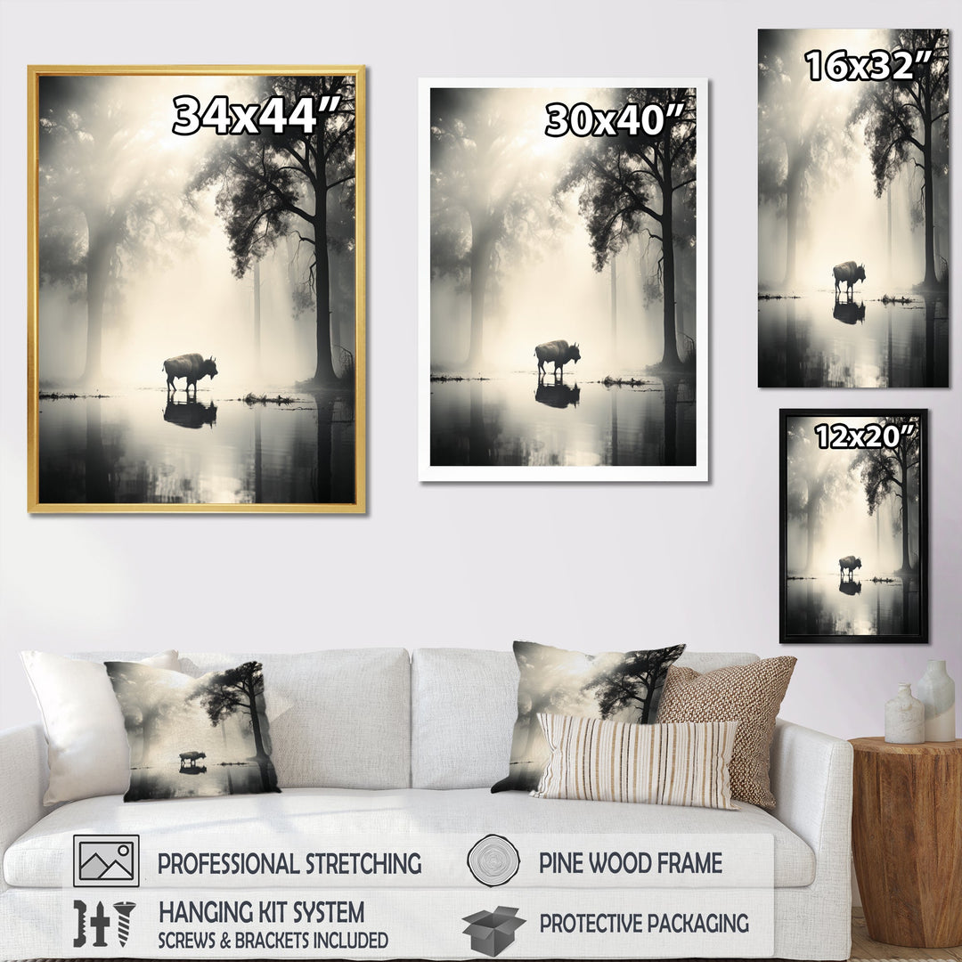 Grey Buffalo Ethereal Grazing - Buffalo Canvas Wall Art