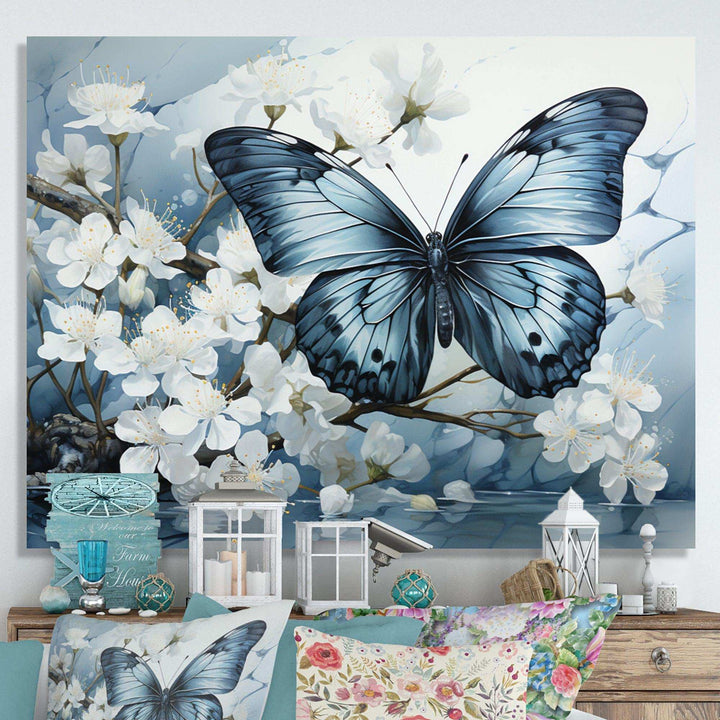 Blue White Butterfly Reflection - Animals Canvas Wall Art