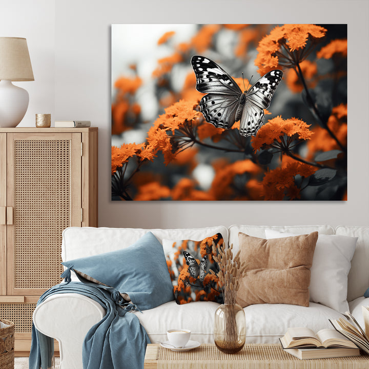 Coral Black Butterfly Fluttering Grace - Coral Butterfly Wall Art