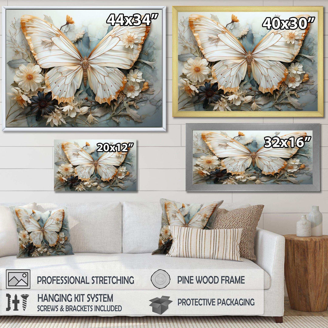 White Grey Butterfly Intricate Patterns - Animals Canvas Wall Art