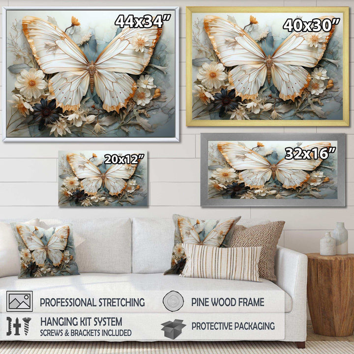White Grey Butterfly Intricate Patterns - Animals Canvas Wall Art